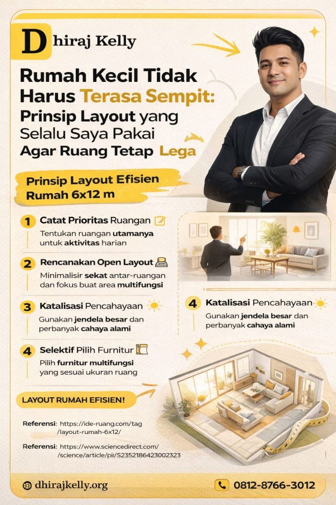 Infografis layout rumah efisien untuk rumah kecil agar terasa lega dengan prinsip open layout, pencahayaan alami, dan furnitur multifungsi