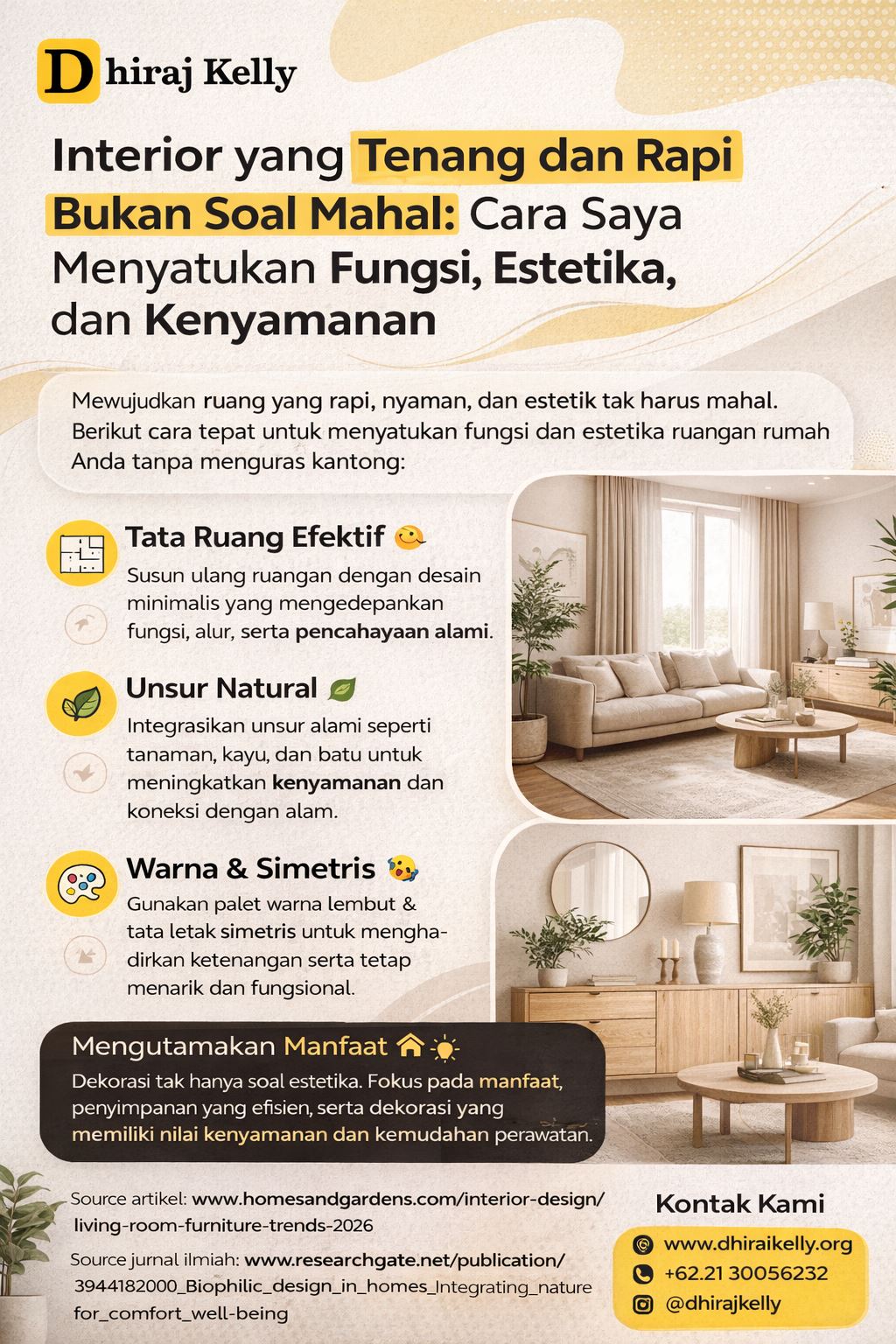 Infografis interior rapi nyaman dengan desain ruang modern, tenang, estetik, dan fungsional untuk hunian minimalis