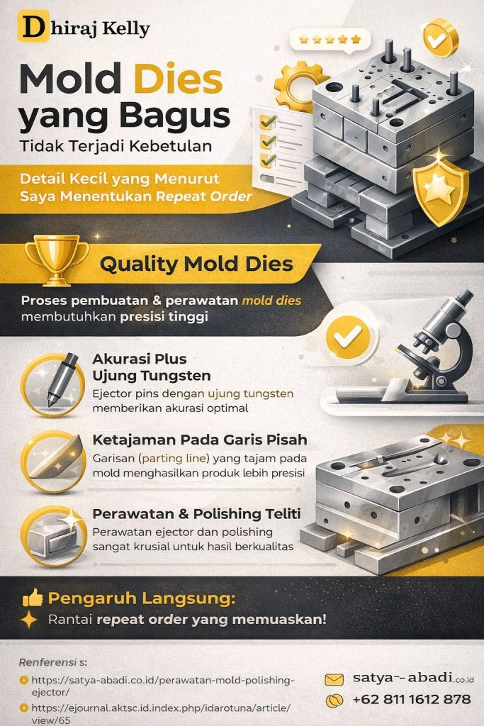 Infografis quality mold dies yang menjelaskan pentingnya detail kecil dalam pembuatan dan perawatan mold seperti polishing, parting line presisi, dan ejector berkualitas untuk menghasilkan produk stabil serta meningkatkan repeat order industri manufaktur.
