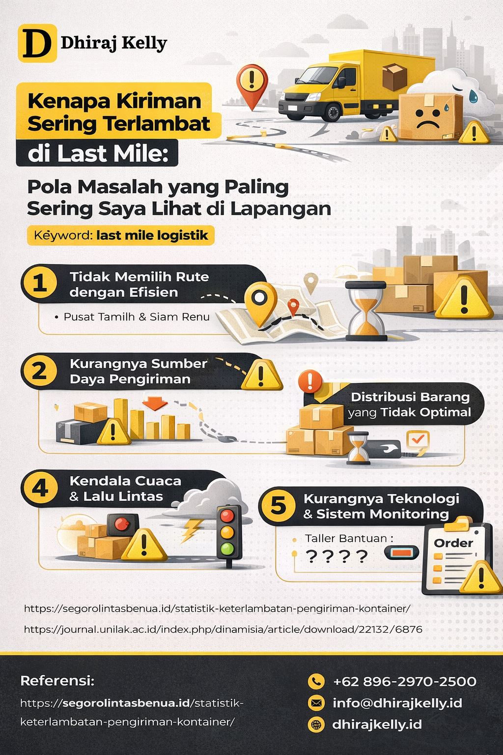 Infografis last mile logistik yang menjelaskan penyebab utama keterlambatan pengiriman di tahap distribusi akhir, mulai dari rute tidak efisien, keterbatasan sumber daya, hingga kendala teknologi monitoring logistik.