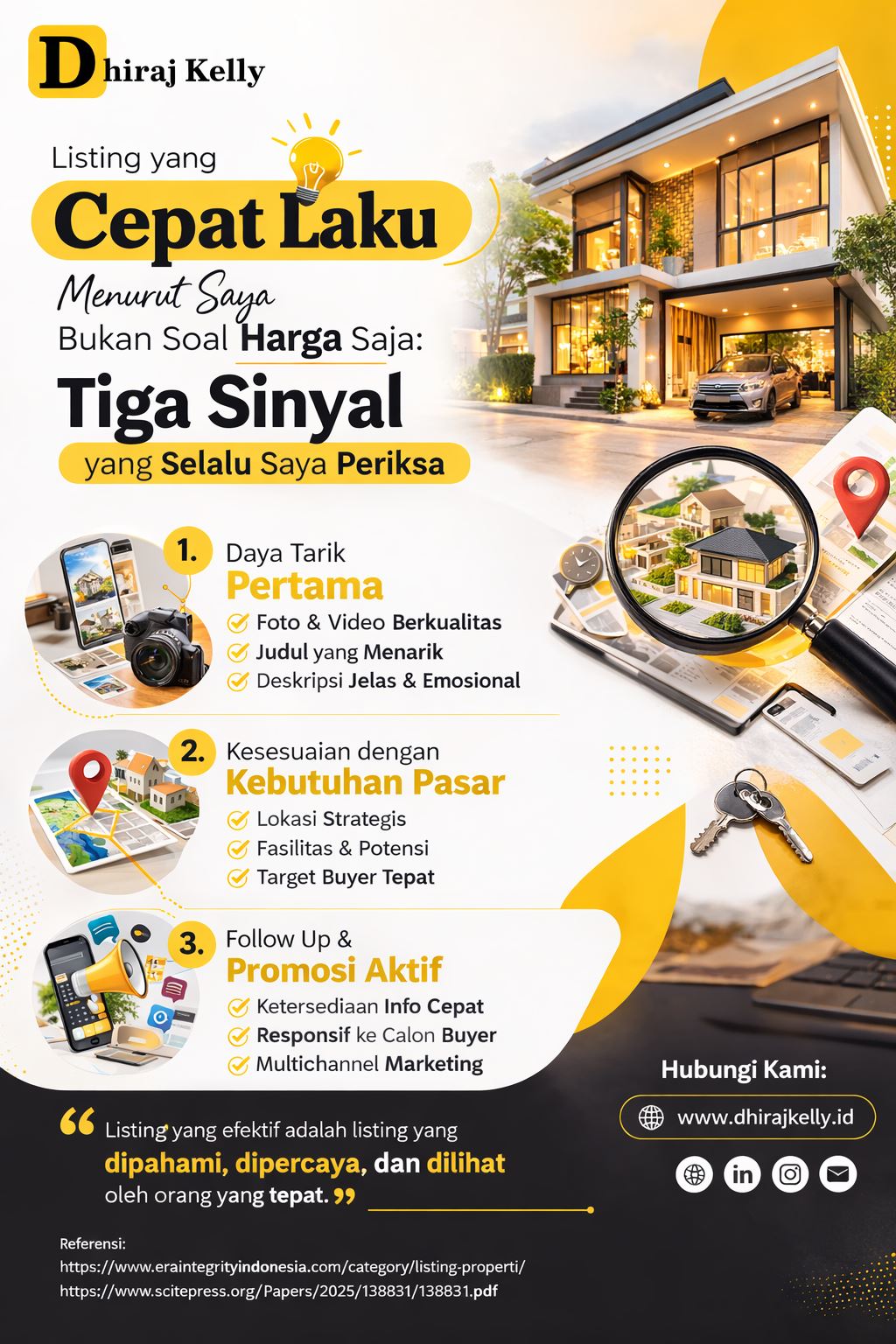 Infografis listing properti efektif tentang tiga sinyal penting agar listing cepat laku, meliputi daya tarik visual, kesesuaian pasar, dan kejelasan data properti