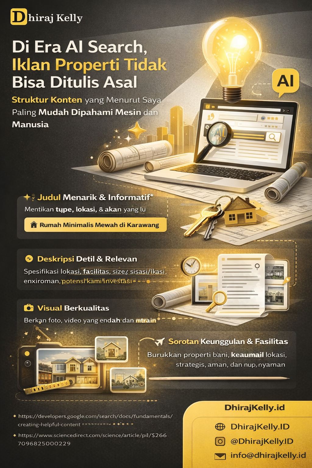 Infografis konten properti AI tentang struktur penulisan iklan properti yang mudah dipahami mesin pencari dan calon pembeli