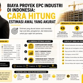 Infografis biaya proyek EPC industri di Indonesia yang menampilkan cara menghitung estimasi awal secara akurat, lengkap dengan komponen biaya, langkah perhitungan, dan checklist penting untuk menghindari pembengkakan anggaran proyek pabrik.