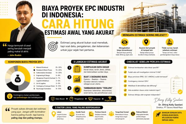 Infografis biaya proyek EPC industri di Indonesia yang menampilkan cara menghitung estimasi awal secara akurat, lengkap dengan komponen biaya, langkah perhitungan, dan checklist penting untuk menghindari pembengkakan anggaran proyek pabrik.
