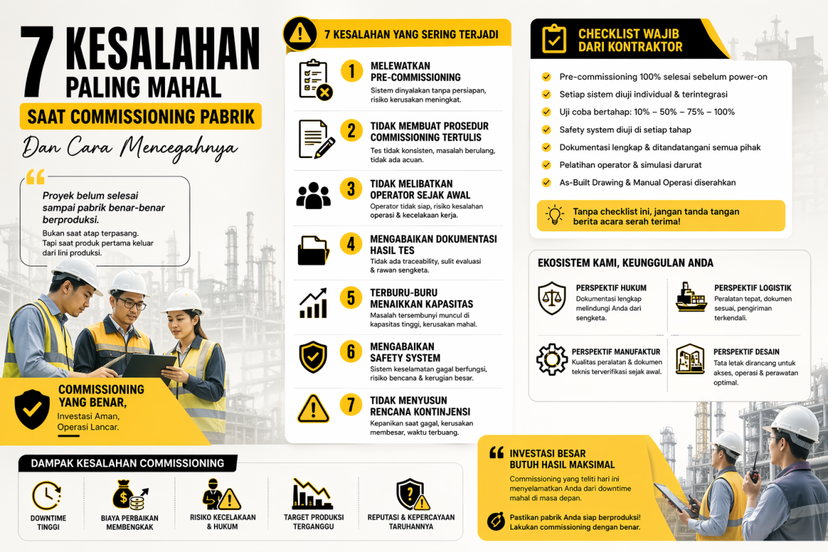 Infografis 7 kesalahan commissioning pabrik industri paling mahal dan cara mencegahnya agar produksi berjalan lancar, aman, dan minim downtime.
