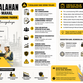 Infografis 7 kesalahan commissioning pabrik industri paling mahal dan cara mencegahnya agar produksi berjalan lancar, aman, dan minim downtime.