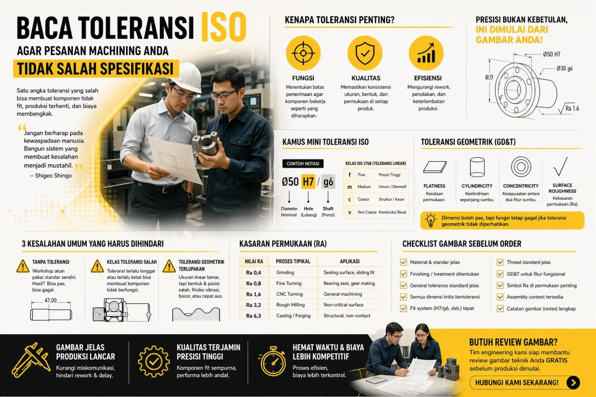 Infografis cara membaca toleransi gambar teknik ISO untuk machining agar presisi, menampilkan konsep GD&T, toleransi dimensi, dan checklist produksi industri