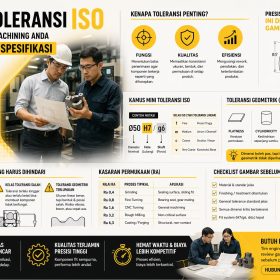Infografis cara membaca toleransi gambar teknik ISO untuk machining agar presisi, menampilkan konsep GD&T, toleransi dimensi, dan checklist produksi industri