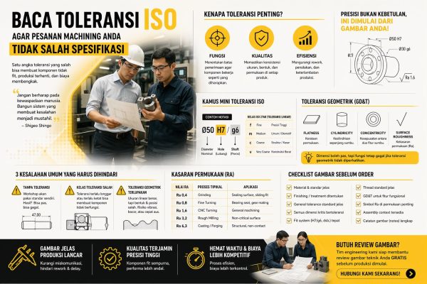 Infografis cara membaca toleransi gambar teknik ISO untuk machining agar presisi, menampilkan konsep GD&T, toleransi dimensi, dan checklist produksi industri