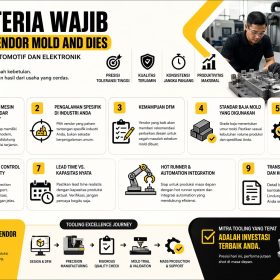 Infografis 9 kriteria memilih vendor mold and dies industri otomotif dan elektronik dengan desain modern hitam kuning, menampilkan faktor seperti kapabilitas mesin, DFM, kualitas material, dan sistem quality control