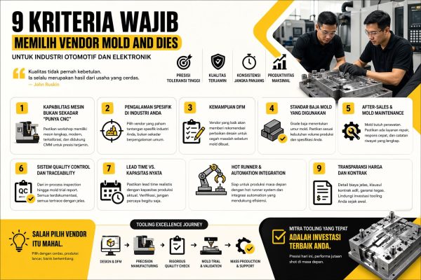 Infografis 9 kriteria memilih vendor mold and dies industri otomotif dan elektronik dengan desain modern hitam kuning, menampilkan faktor seperti kapabilitas mesin, DFM, kualitas material, dan sistem quality control