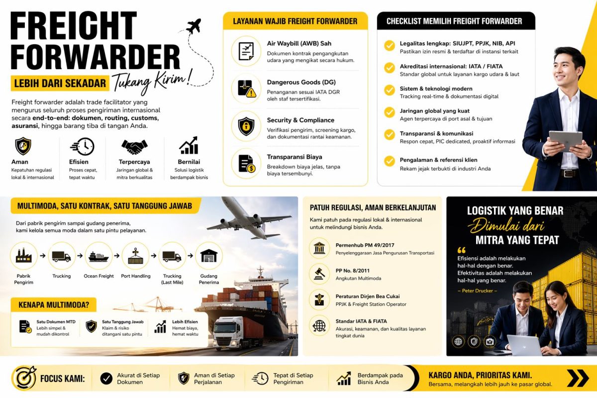 Infografis freight forwarder modern menjelaskan definisi, fungsi, layanan wajib IATA, serta proses logistik multimoda dari pengiriman hingga penerimaan barang secara efisien dan aman