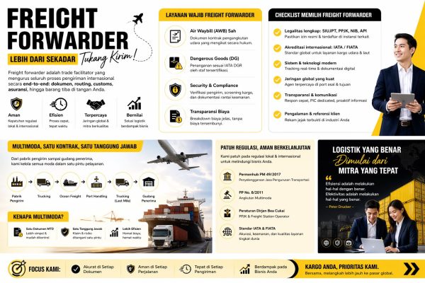Infografis freight forwarder modern menjelaskan definisi, fungsi, layanan wajib IATA, serta proses logistik multimoda dari pengiriman hingga penerimaan barang secara efisien dan aman