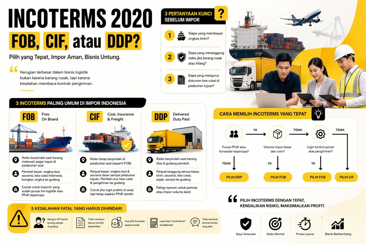 Infografis Incoterms 2020 FOB CIF DDP yang menjelaskan perbedaan biaya, risiko, dan tanggung jawab dalam impor barang internasional secara visual modern dan mudah dipahami