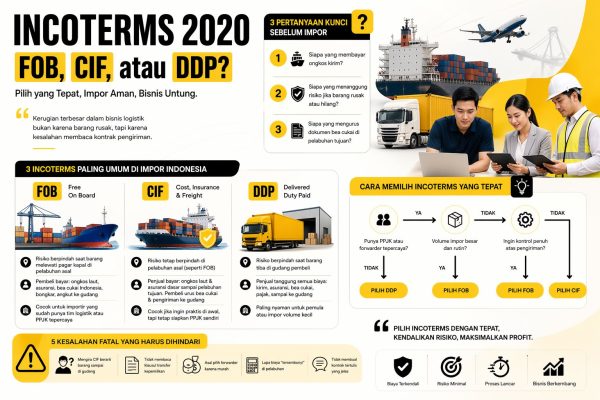 Infografis Incoterms 2020 FOB CIF DDP yang menjelaskan perbedaan biaya, risiko, dan tanggung jawab dalam impor barang internasional secara visual modern dan mudah dipahami