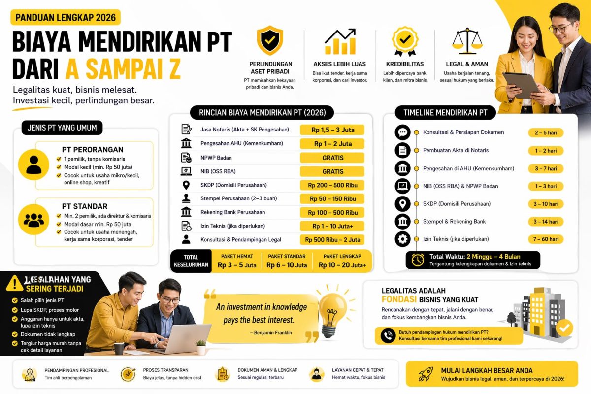 Infografis biaya mendirikan PT 2026 lengkap dari notaris, AHU, NIB, hingga izin teknis dengan desain modern kuning hitam serta ilustrasi profesional bekerja