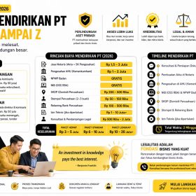 Infografis biaya mendirikan PT 2026 lengkap dari notaris, AHU, NIB, hingga izin teknis dengan desain modern kuning hitam serta ilustrasi profesional bekerja