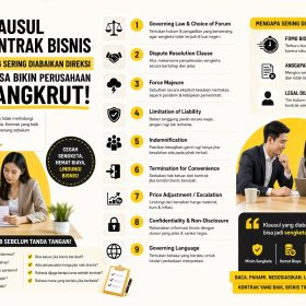 Infografis 9 klausul kontrak bisnis Indonesia yang sering diabaikan direksi, meliputi governing law, force majeure, hingga limitation of liability untuk mencegah risiko sengketa dan kerugian perusahaan.