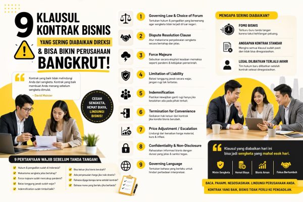 Infografis 9 klausul kontrak bisnis Indonesia yang sering diabaikan direksi, meliputi governing law, force majeure, hingga limitation of liability untuk mencegah risiko sengketa dan kerugian perusahaan.
