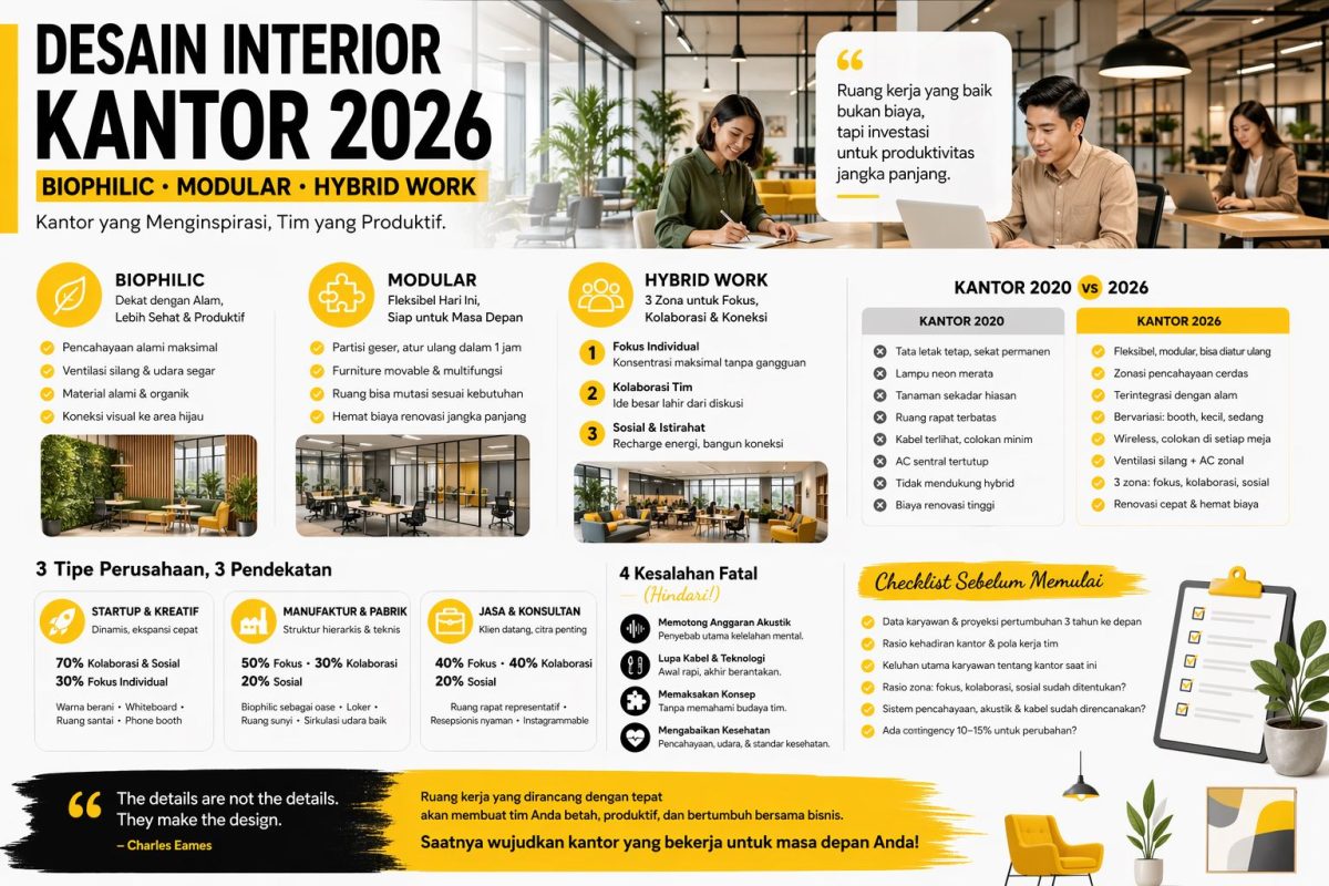 Infografis desain interior kantor 2026 dengan konsep biophilic, modular, dan hybrid work yang menampilkan workspace modern, fleksibel, dan produktif
