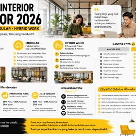 Infografis desain interior kantor 2026 dengan konsep biophilic, modular, dan hybrid work yang menampilkan workspace modern, fleksibel, dan produktif