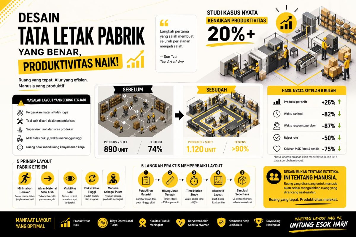 Infografis desain tata letak pabrik yang menunjukkan peningkatan produktivitas hingga 20% melalui optimalisasi alur material, efisiensi kerja, dan penataan layout produksi modern.