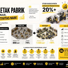 Infografis desain tata letak pabrik yang menunjukkan peningkatan produktivitas hingga 20% melalui optimalisasi alur material, efisiensi kerja, dan penataan layout produksi modern.