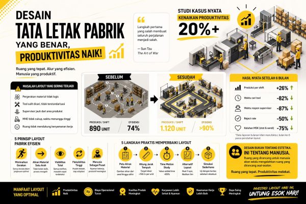 Infografis desain tata letak pabrik yang menunjukkan peningkatan produktivitas hingga 20% melalui optimalisasi alur material, efisiensi kerja, dan penataan layout produksi modern.