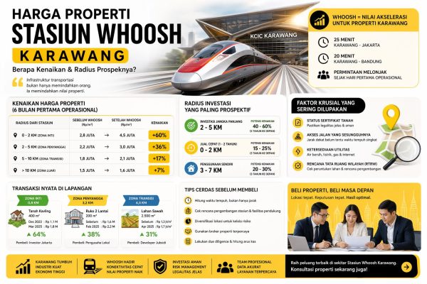Infografis harga properti stasiun Whoosh Karawang yang menunjukkan kenaikan harga hingga 60%, radius investasi paling prospektif, serta faktor penting dalam membeli properti di sekitar KCIC Karawang.