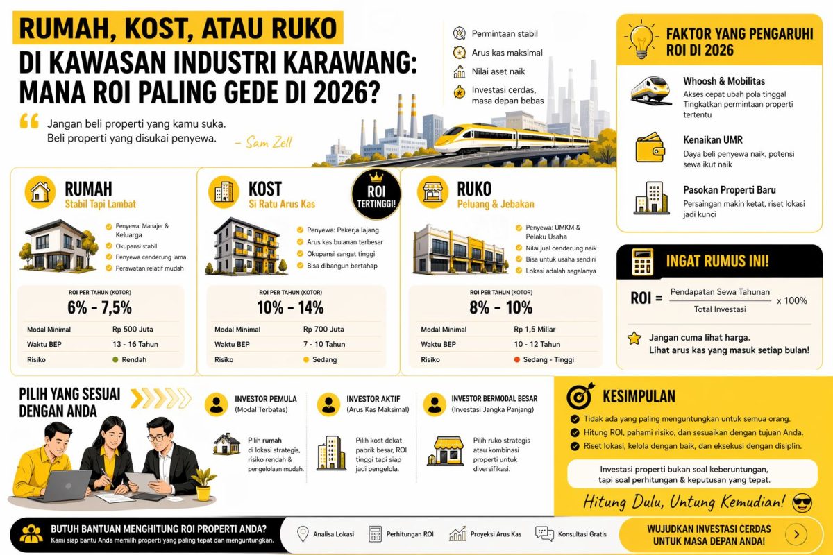 Infografis perbandingan ROI properti kawasan industri Karawang 2026 antara rumah, kost, dan ruko dengan ilustrasi modern dan data investasi