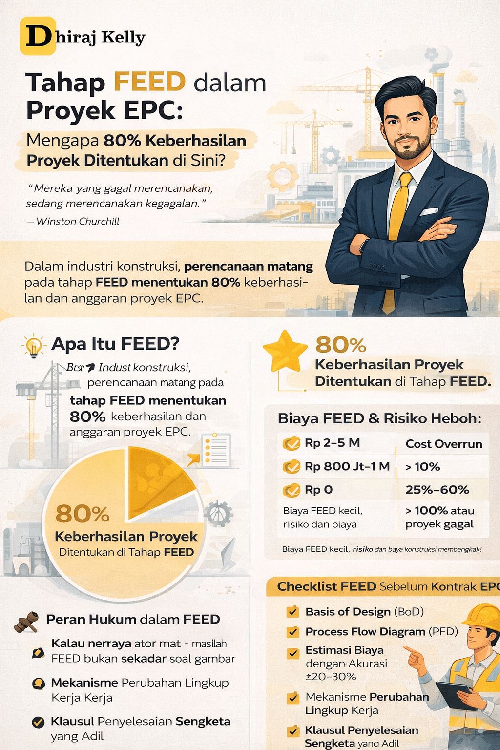 Infografis tahap FEED dalam proyek EPC yang menjelaskan mengapa 80 persen keberhasilan proyek konstruksi dan engineering ditentukan pada fase perencanaan awal, lengkap dengan ilustrasi teknik, checklist FEED, dan analisis risiko biaya proyek.