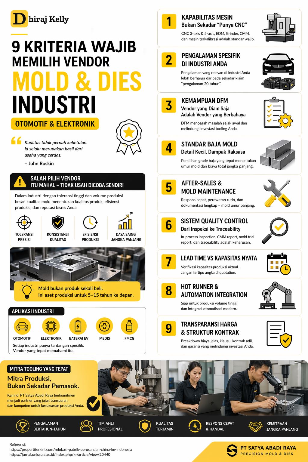 Infografis 9 kriteria memilih vendor mold dies industri otomotif dan elektronik dengan desain modern warna kuning hitam serta ilustrasi proses manufaktur