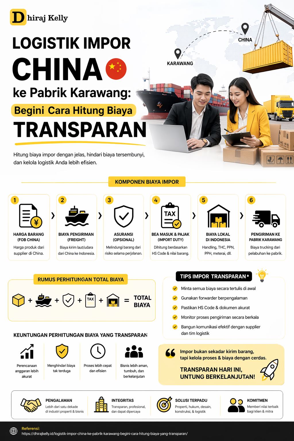 Infografis logistik impor China ke Karawang dengan perhitungan biaya transparan meliputi FOB, freight, pajak, dan distribusi ke pabrik secara efisien