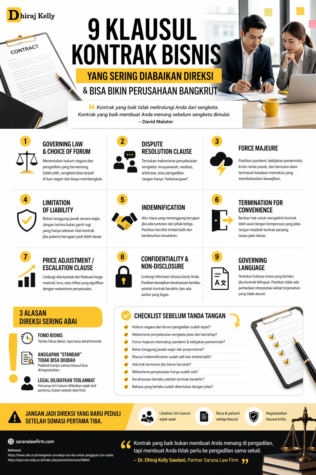 Infografis 9 klausul kontrak bisnis Indonesia yang sering diabaikan direksi, meliputi governing law, dispute resolution, force majeure, hingga limitation of liability dalam desain modern kuning hitam.